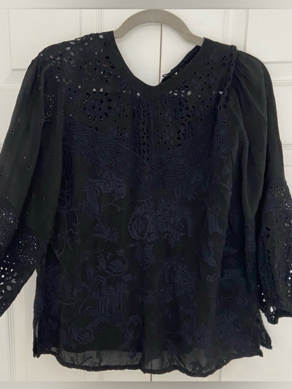 Johnny Was PORCELAIN RUMI TOP Black Embroidered Eyelet Lace Cupra Top M